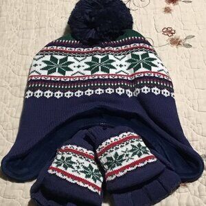 New Boy's Fairisle 2 Piece Pom Pom Hat & Mitten Set by Gymboree--Size 8+